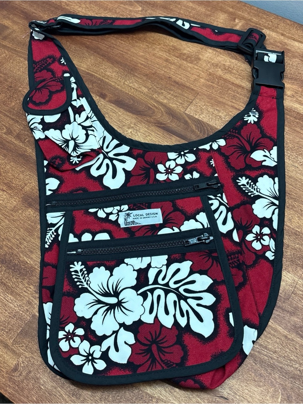 Red Floral Crossbody Bag with White Hibiscus Print